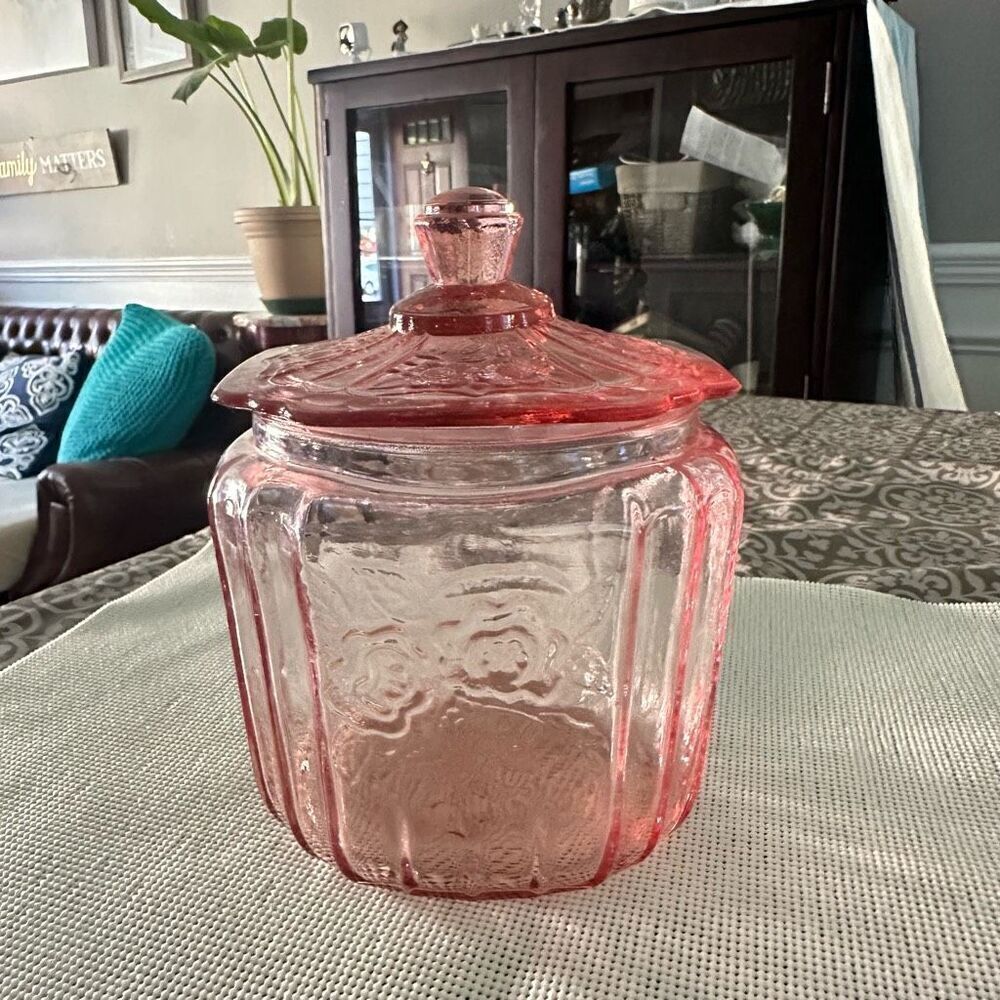 Anchor Hocking Vintage Mayfair‎ Pink  "Open Rose" Cookie Multipurpose Glass Jar